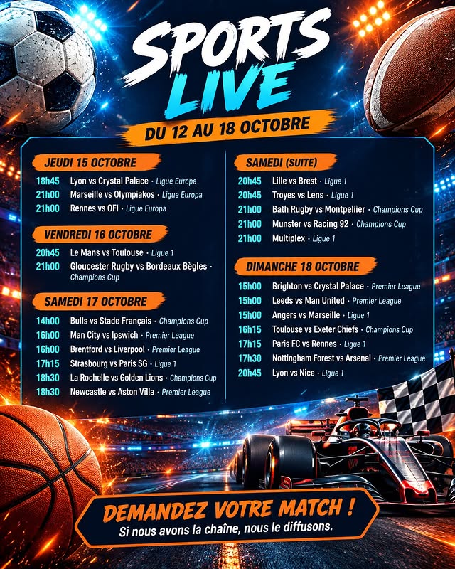 Diffusion de matchs — Samedi 17 octobre 2026